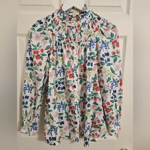 Boden Multicolor Floral And Fruit Smocked Blouse Cotton Button Front Size 8